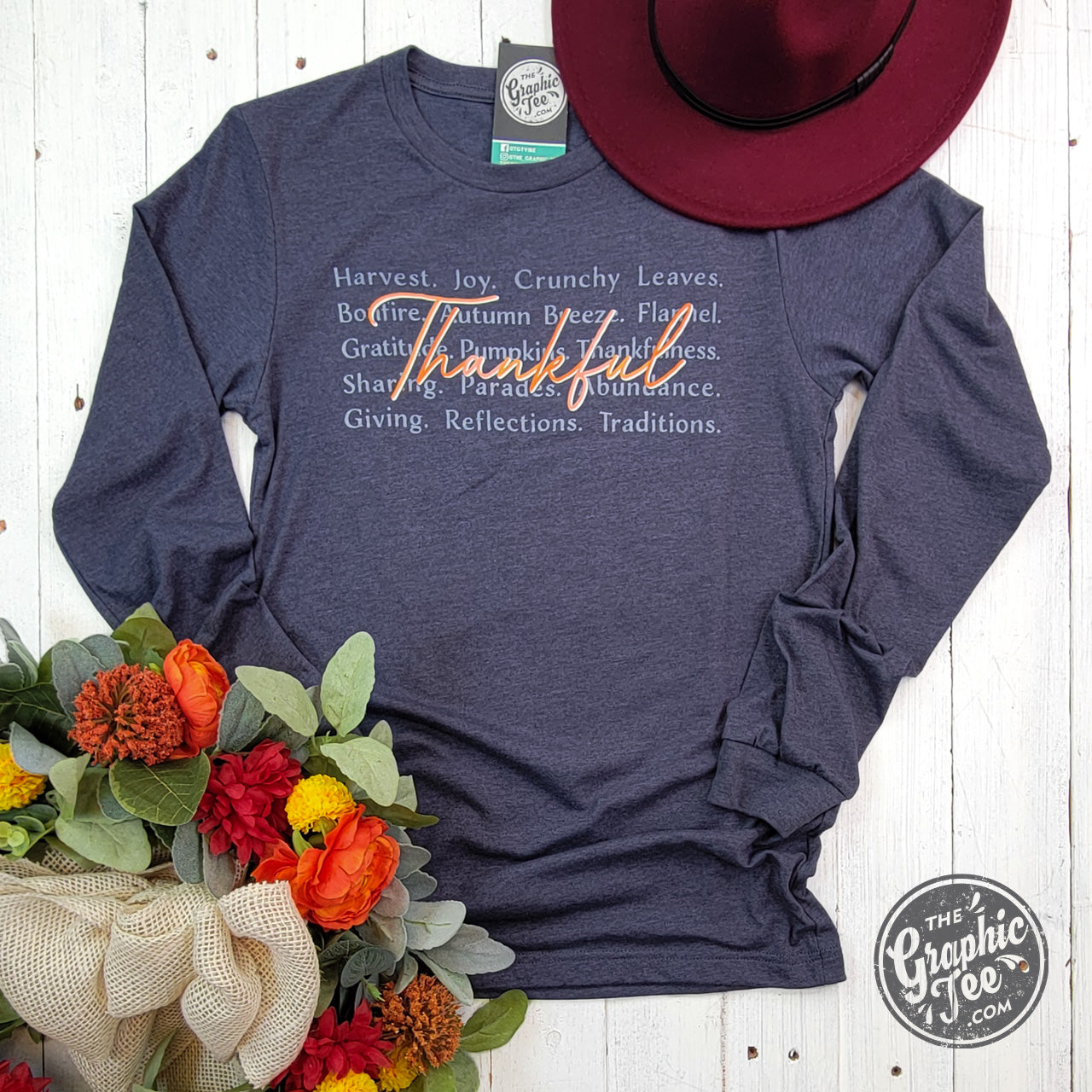 *WHOLESALE* Thankful with Words Heather Navy Long Sleeve Tee