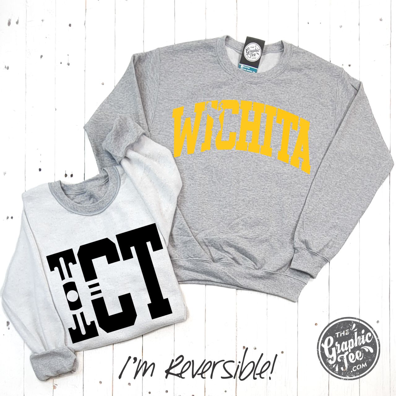 *WHOLESALE* Wichita-ICT Black and Gold Print Reversible Sport Grey Crewneck Sweatshirt