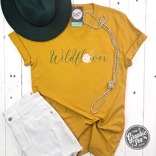 *WHOLESALE* Wildflower Dandelion Mustard V Neck Short Sleeve Tee