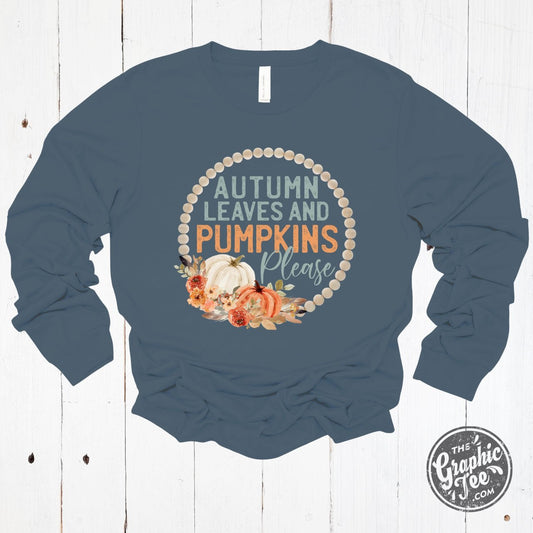 Autumn Leaves and Pumpkins Please Vintage Navy Long Sleeve Tee - The Graphic Tee