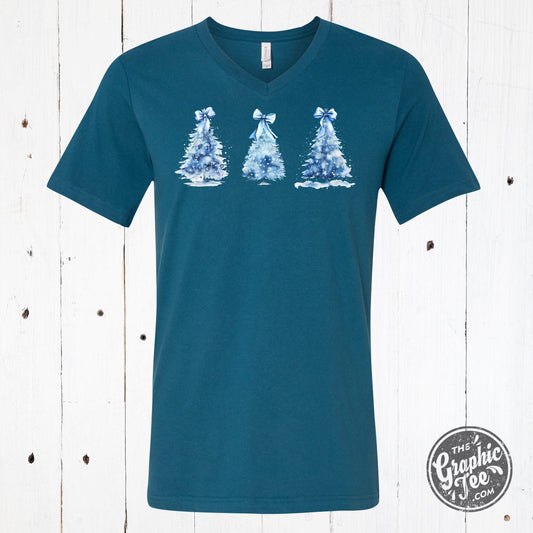 Christmas Tree Sparkling Bow Deep Teal V Neck Short Sleeve Tee - The Graphic Tee