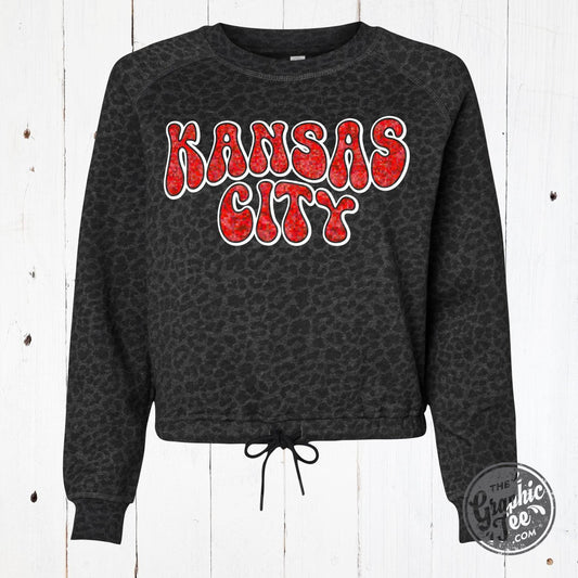 Kansas City Glitter Ladies Leopard Crop Sweatshirt - The Graphic Tee