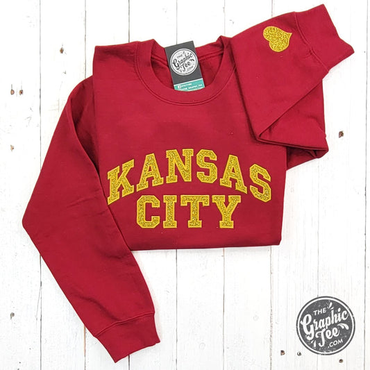 Kansas City Gold Glitter Applique Dark Red Crewneck Sweatshirt - The Graphic Tee