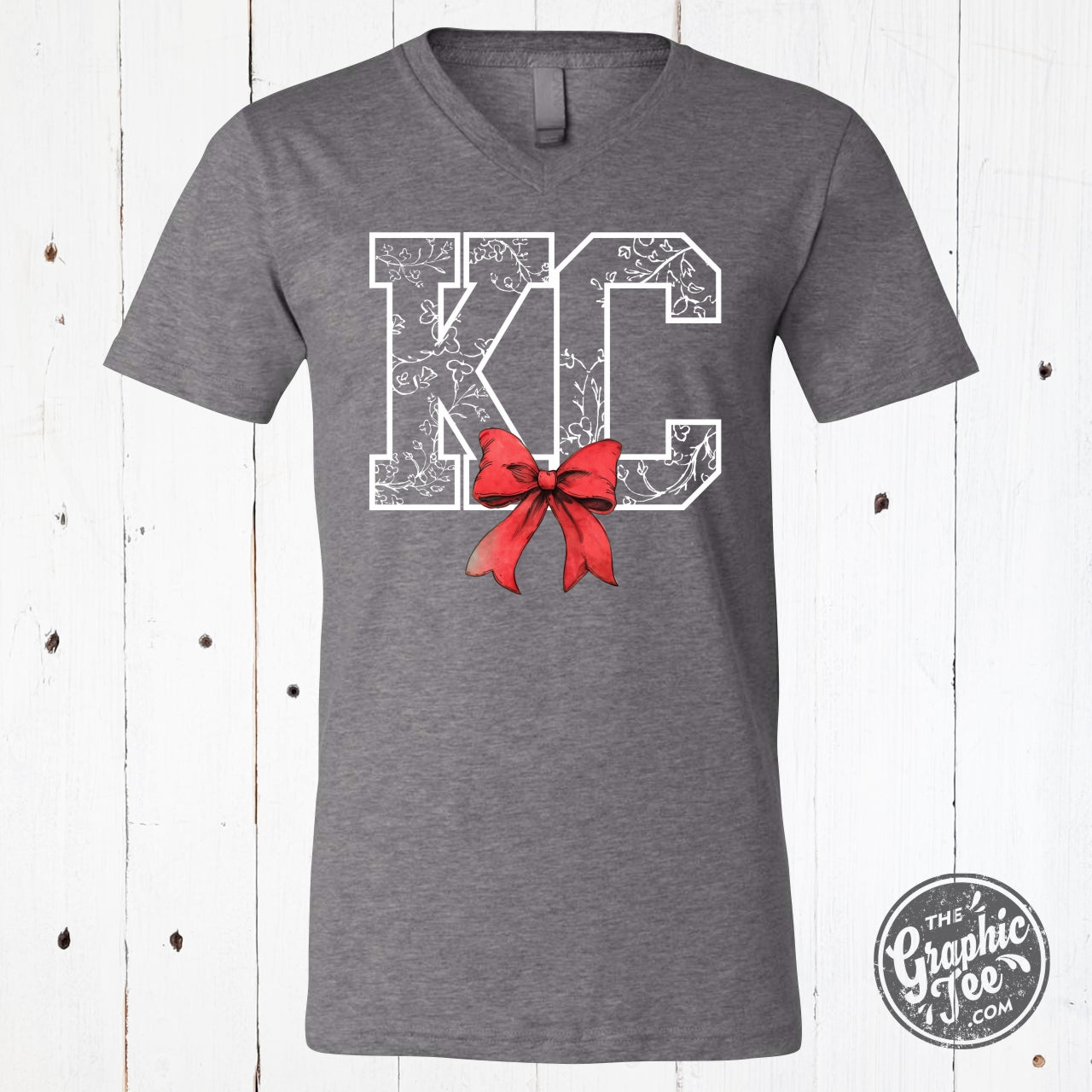 KC Delft Print with Bow V - Neck Tee - The Graphic Tee