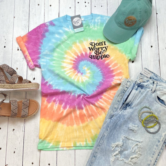 *WHOLESALE* Don't Worry Be Hippie Crew Neck Tie Dye Short Sleeve Graphic Tee - The Graphic Tee