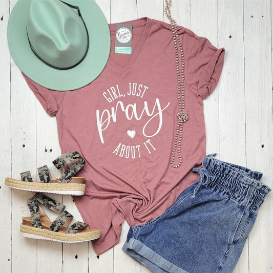 *WHOLESALE* Girl Just Pray About It Heather Mauve Unisex V Neck Tee - The Graphic Tee