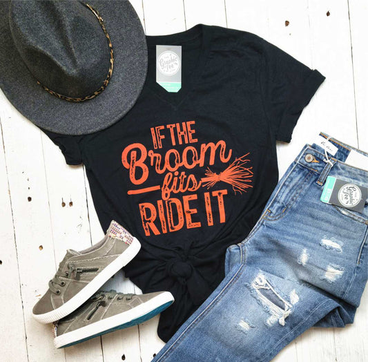 *WHOLESALE* If The Broom Fits Ride It V Neck Black - The Graphic Tee