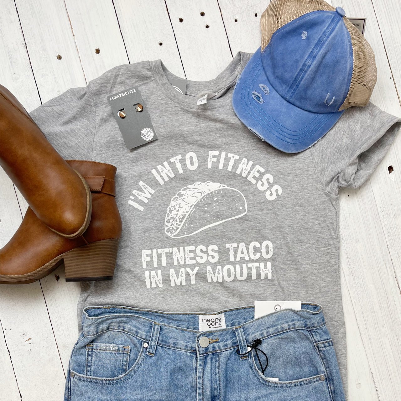 *WHOLESALE* I'm Into Fitness Taco Crew Neck Gray Short Sleeve Graphic Tee - The Graphic Tee