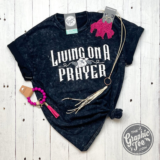 *WHOLESALE* Living On A Prayer Black Mineral Wash Crew Neck Short Sleeve Tee - The Graphic Tee