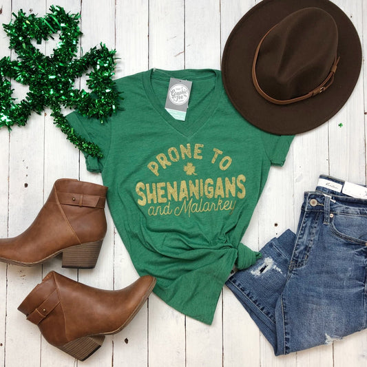 *WHOLESALE* Prone To Shenanigans And Malarkey Heather Green V Neck Graphic Tee - The Graphic Tee