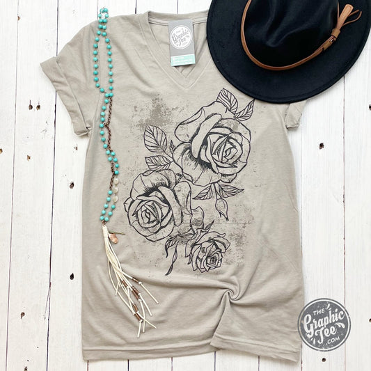 *WHOLESALE* Roses Heather Stone V Neck Short Sleeve Tee - The Graphic Tee